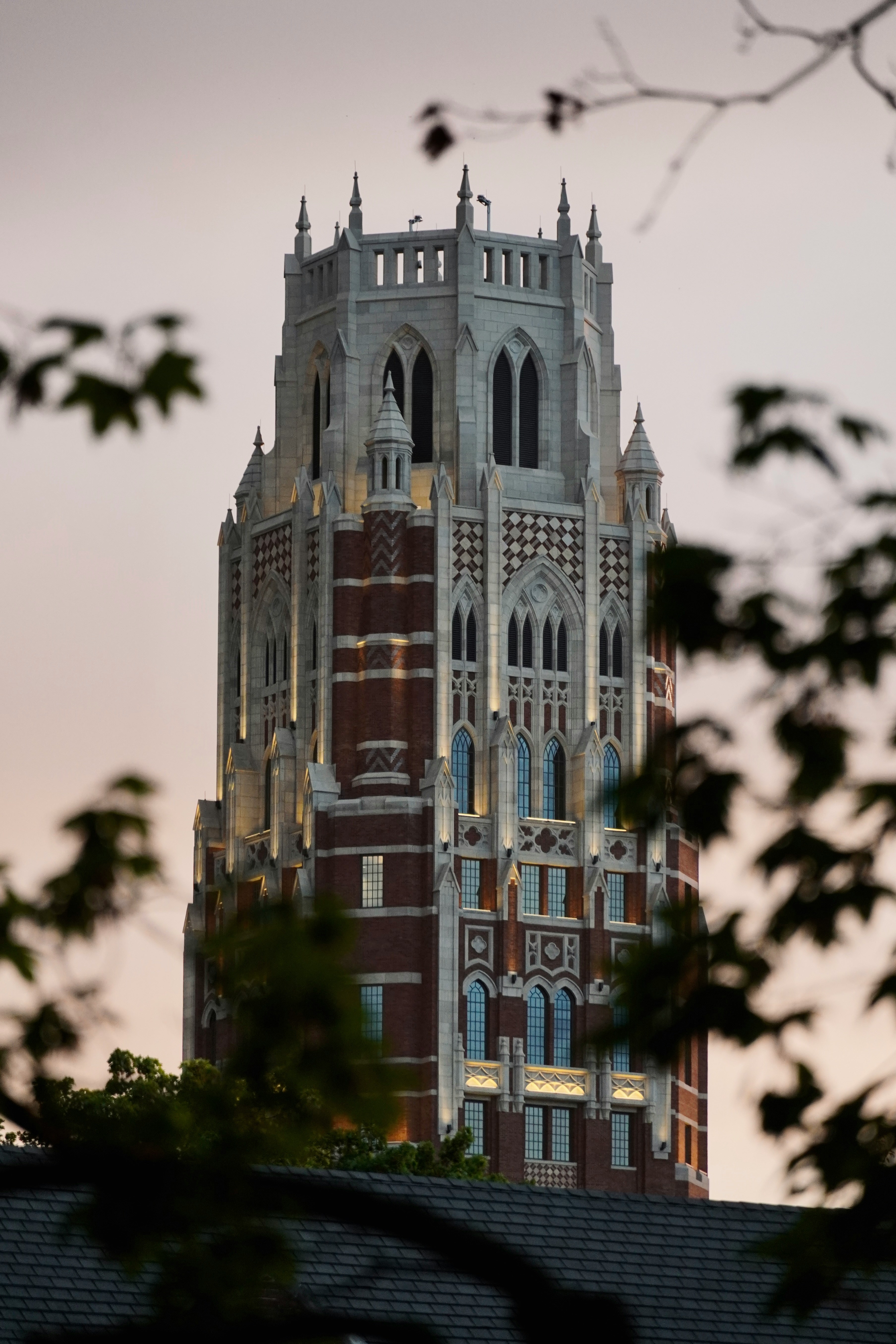 A Gothic-style tower, ornate with pointed arches and decorative patterns, stands against a twilight sky and is framed by silhouetted branches and foliage.